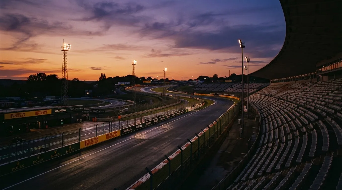 An empty football stadium with floodlight masts at dusk