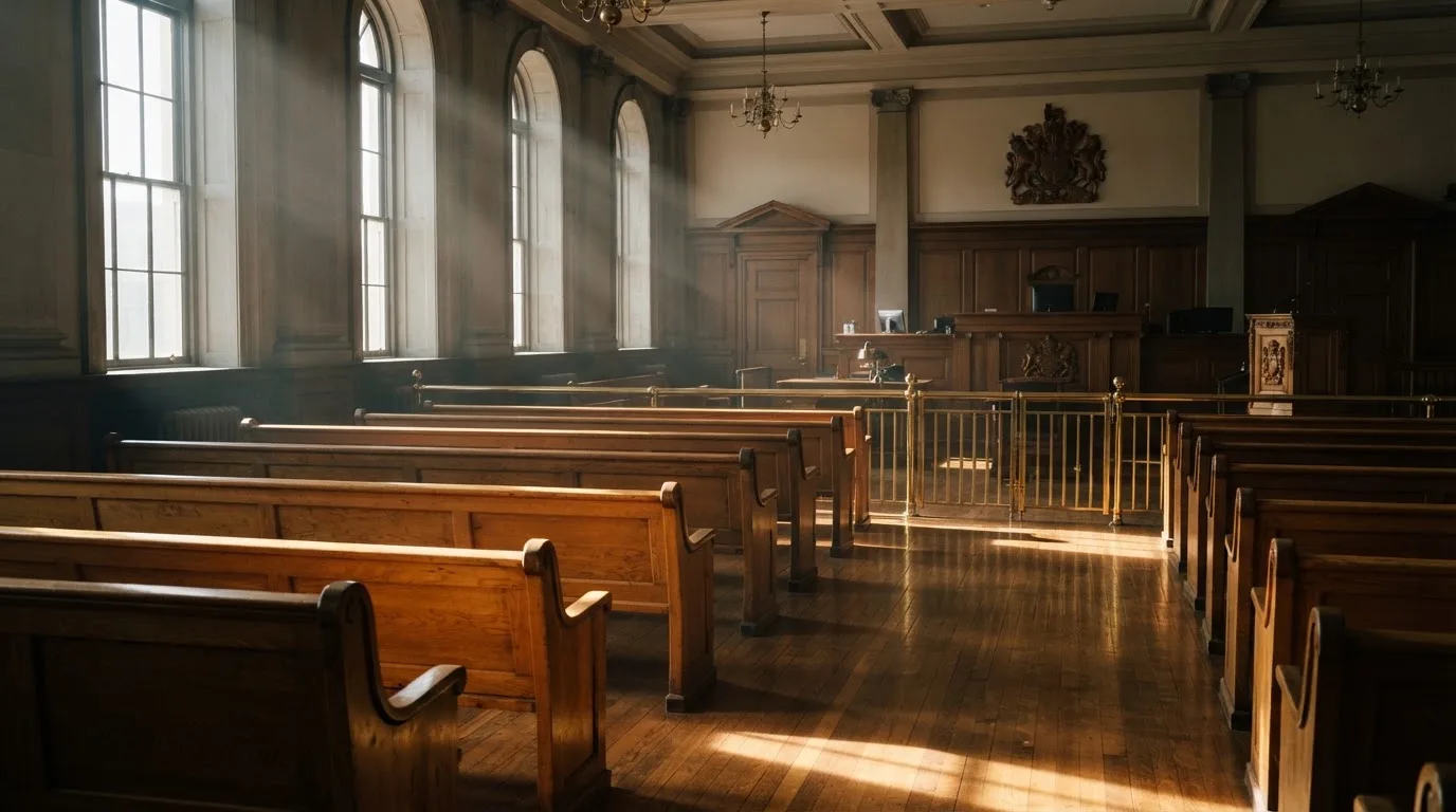 An empty courtroom with wooden benches in morning light