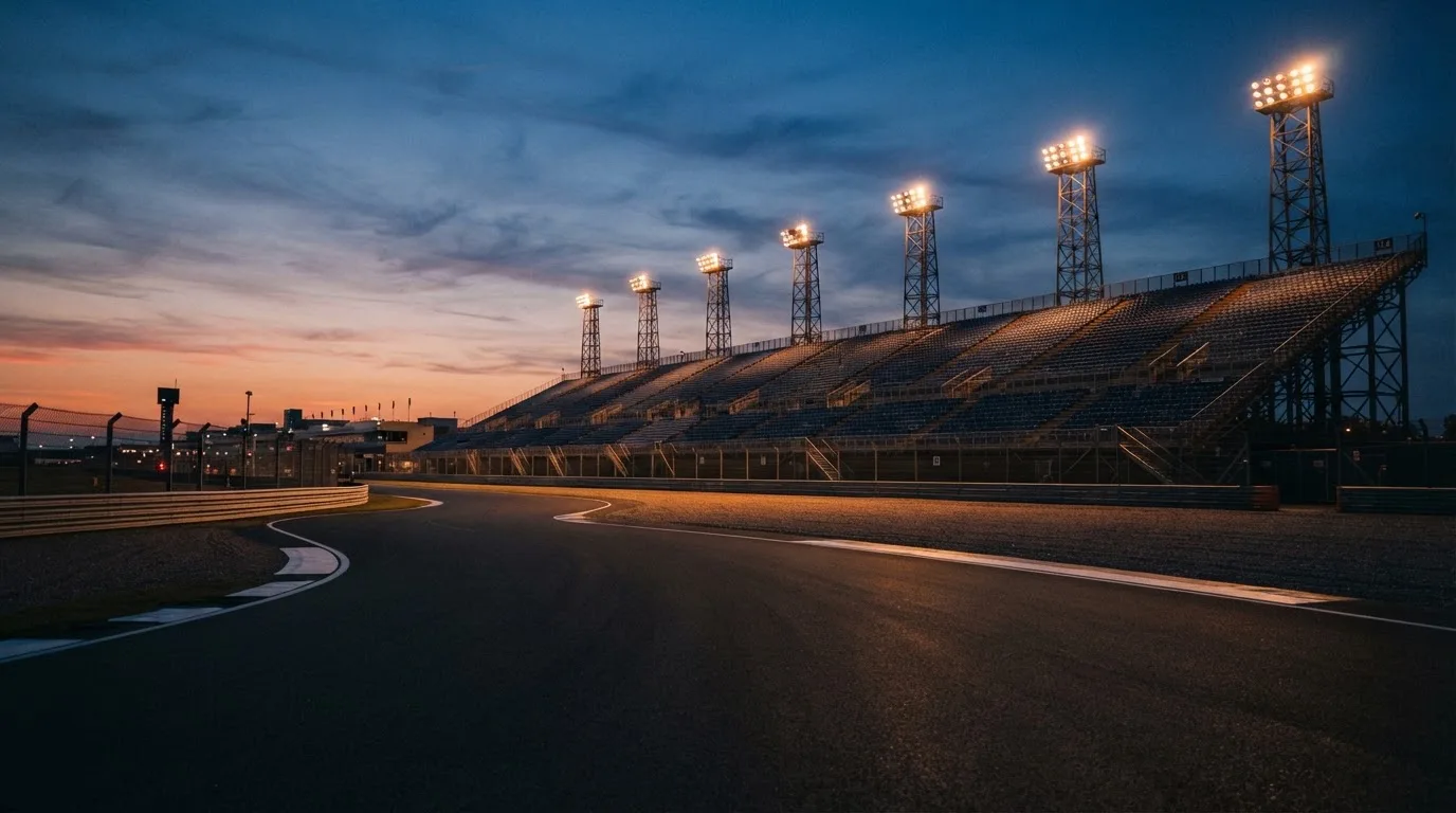 An empty football stadium with floodlight masts at dusk