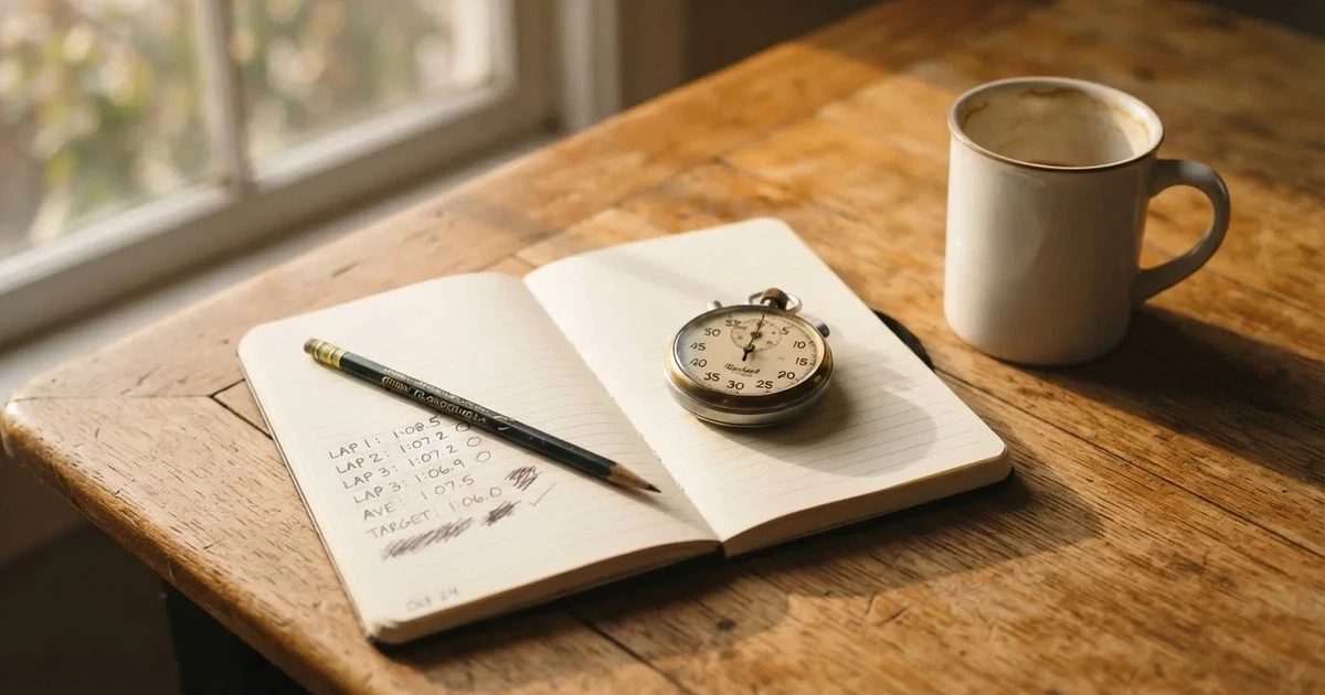 An open notebook with a pencil and a stopwatch on a wooden table
