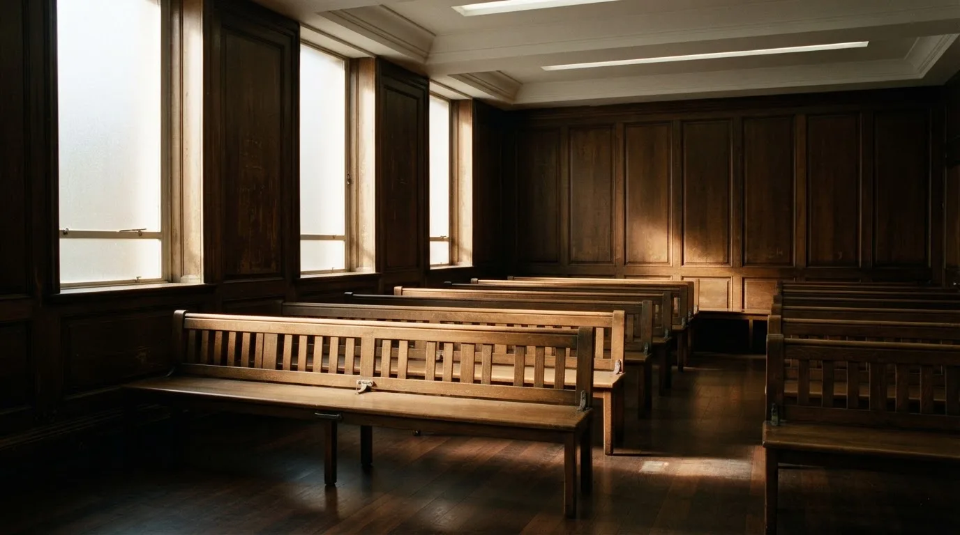 An empty courtroom with wooden benches in morning light