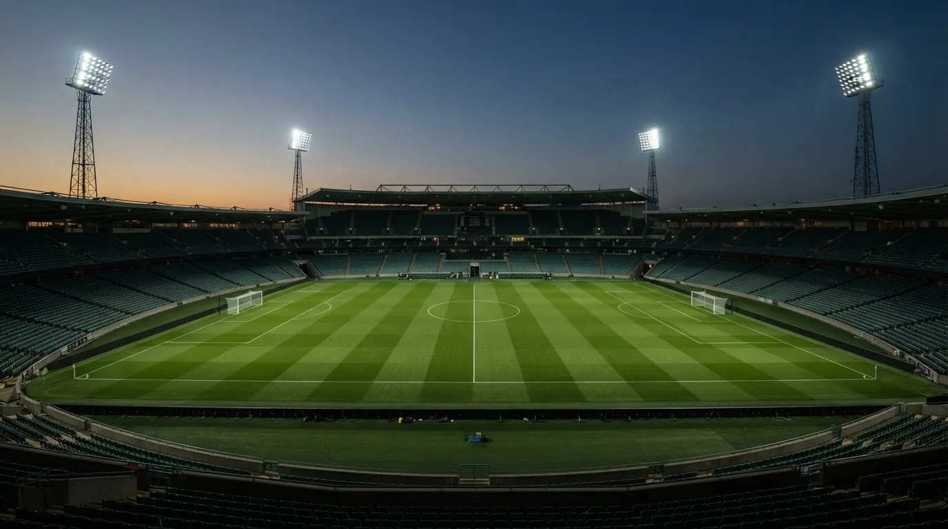 An empty football stadium with floodlight masts at dusk