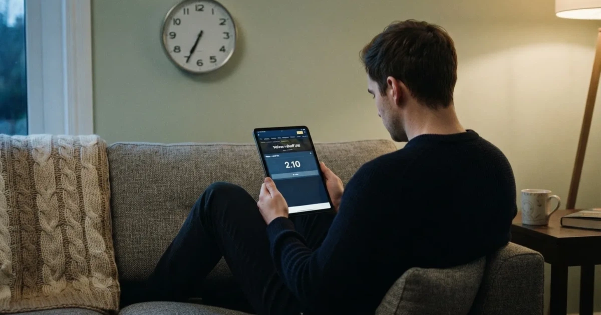 A person on a sofa looking thoughtfully at a tablet, a wall clock in the background