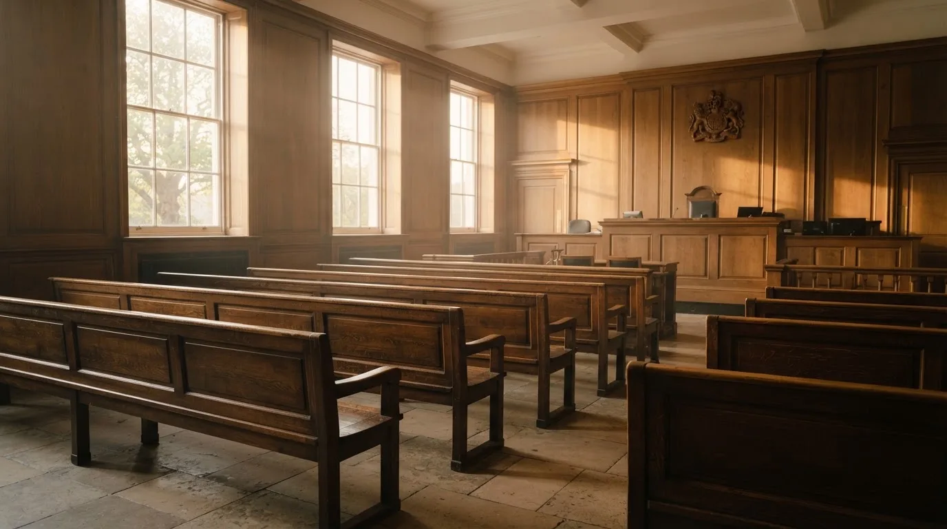 An empty courtroom with wooden benches in morning light