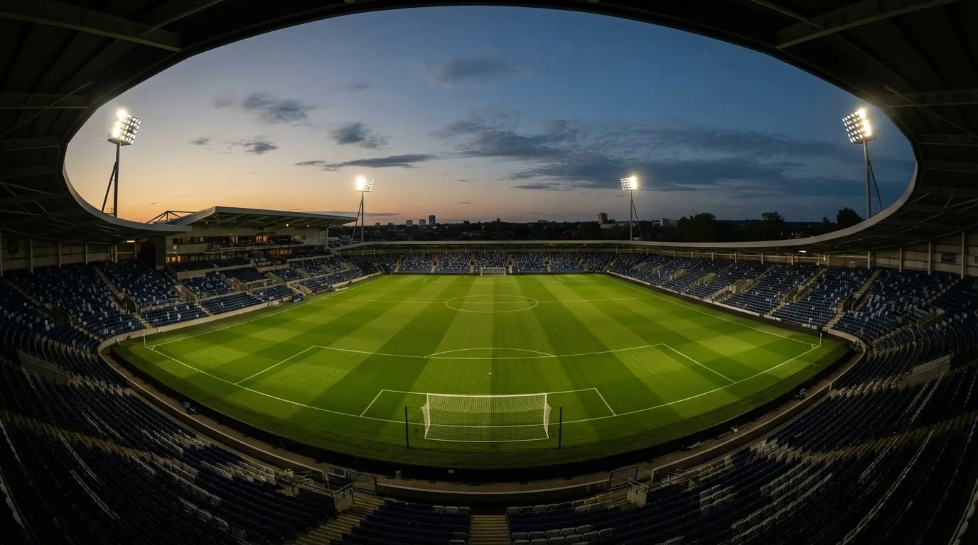 An empty football stadium with floodlight masts at dusk