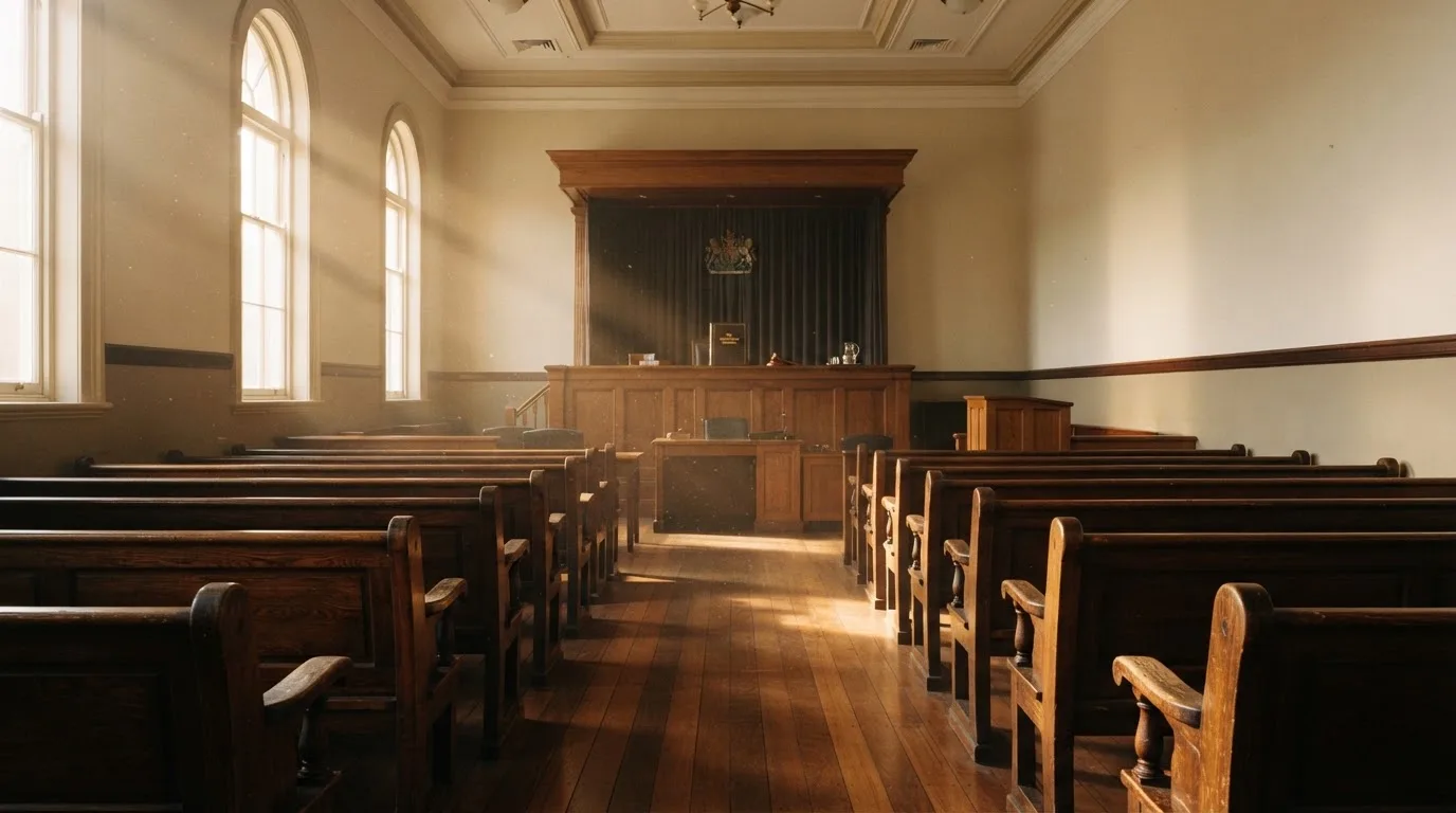 An empty courtroom with wooden benches in morning light
