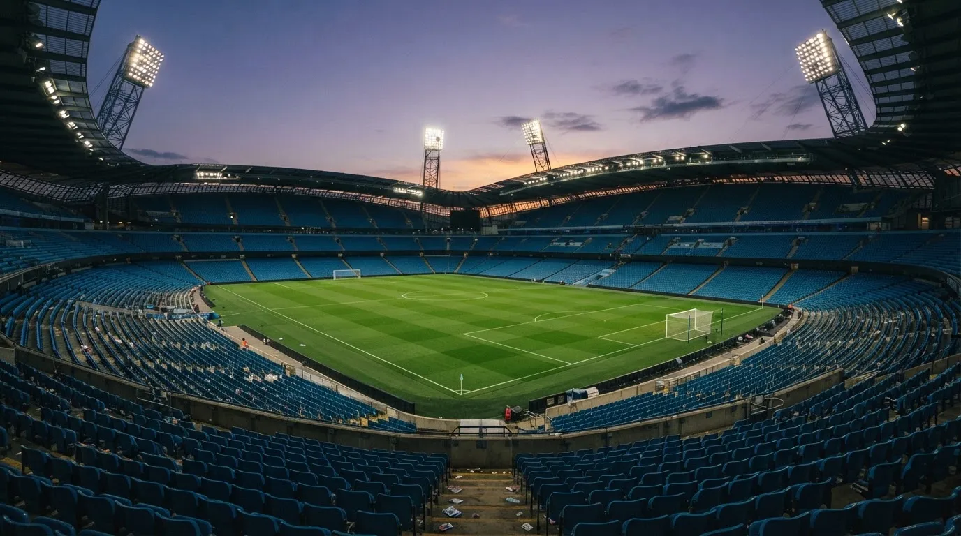 An empty football stadium with floodlight masts at dusk