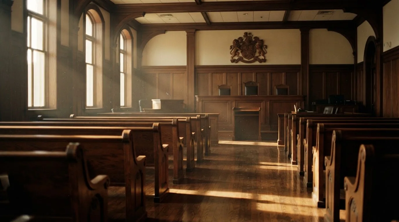 An empty courtroom with wooden benches in morning light