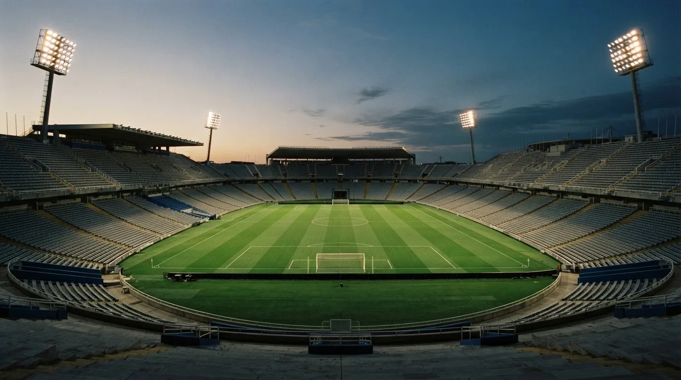 An empty football stadium with floodlight masts at dusk