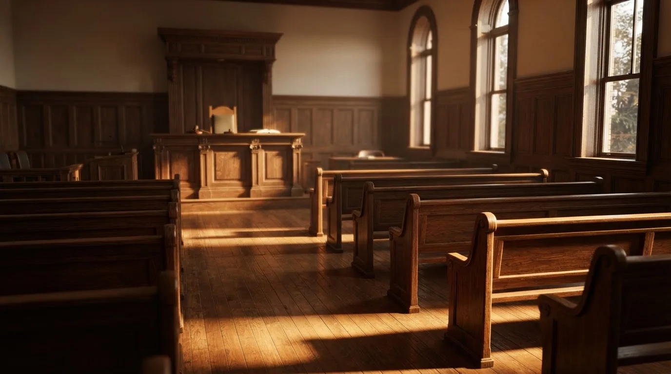 An empty courtroom with wooden benches in morning light