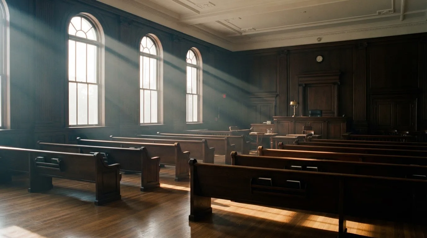 An empty courtroom with wooden benches in morning light