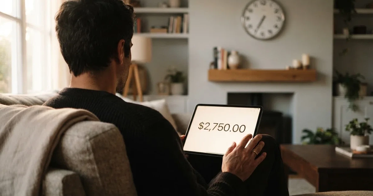 A person on a sofa looking thoughtfully at a tablet, a wall clock in the background
