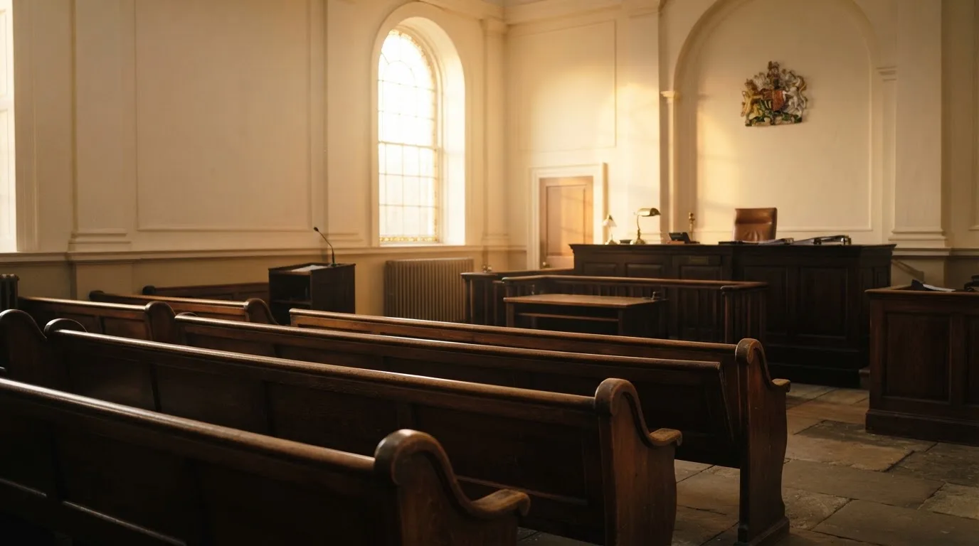 An empty courtroom with wooden benches in morning light