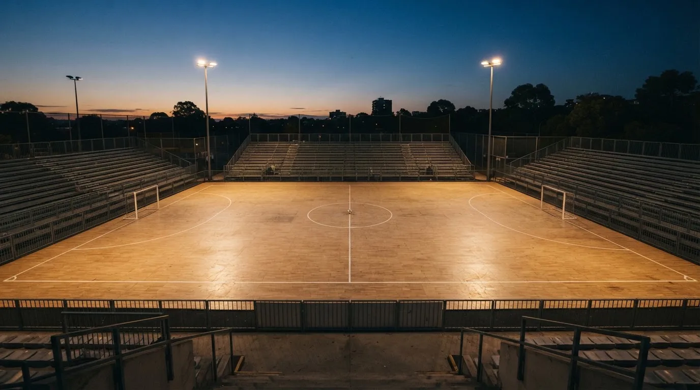 An empty football stadium with floodlight masts at dusk