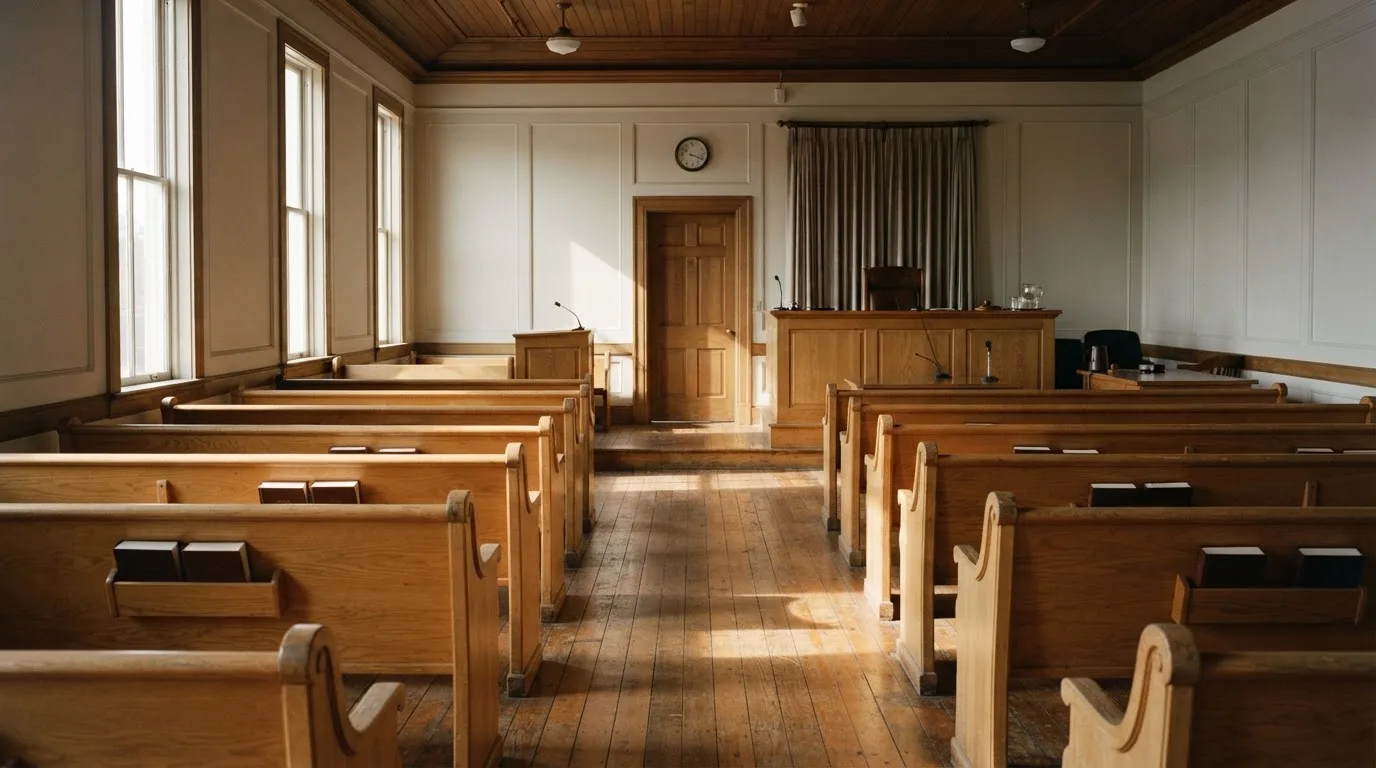 An empty courtroom with wooden benches in morning light