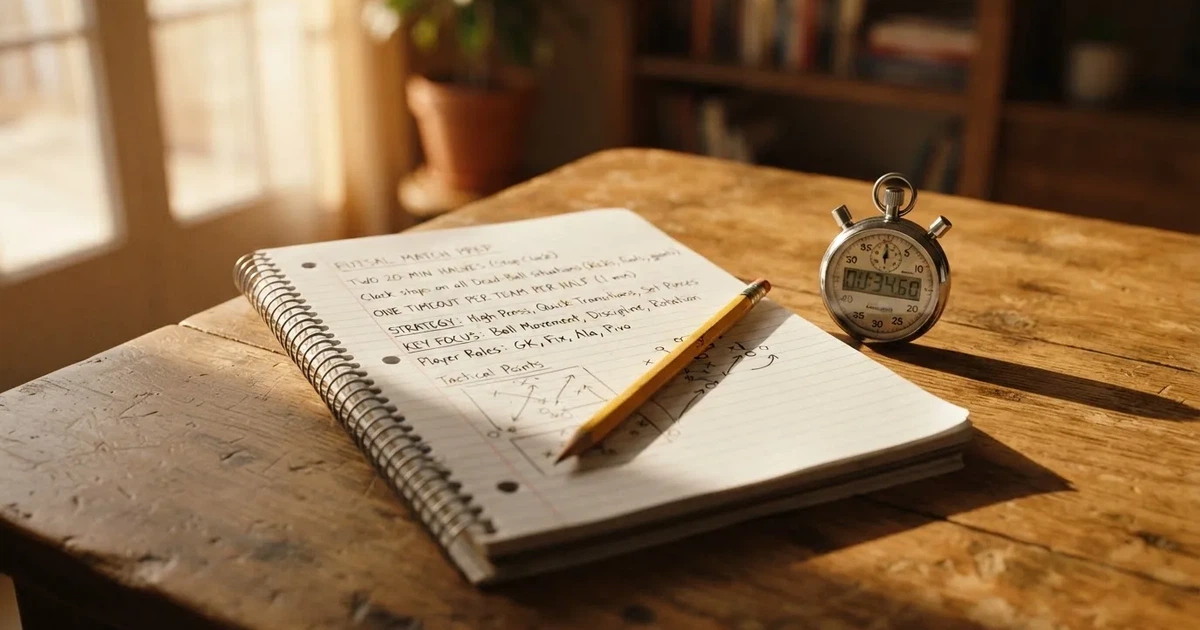 An open notebook with a pencil and a stopwatch on a wooden table