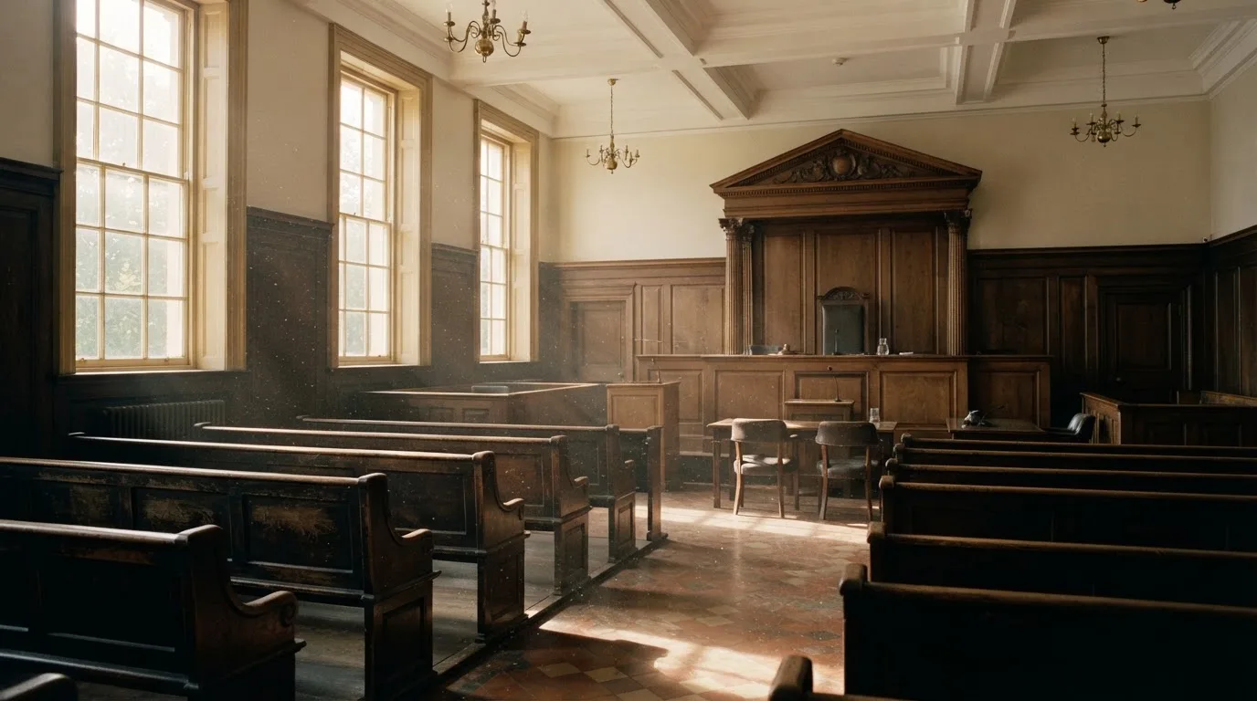 An empty courtroom with wooden benches in morning light