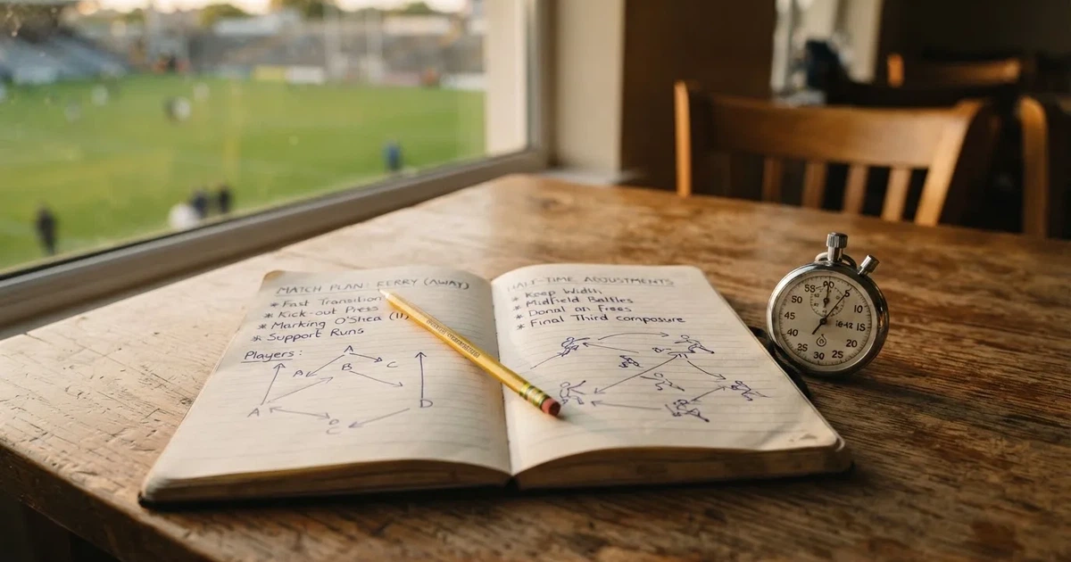 An open notebook with a pencil and a stopwatch on a wooden table