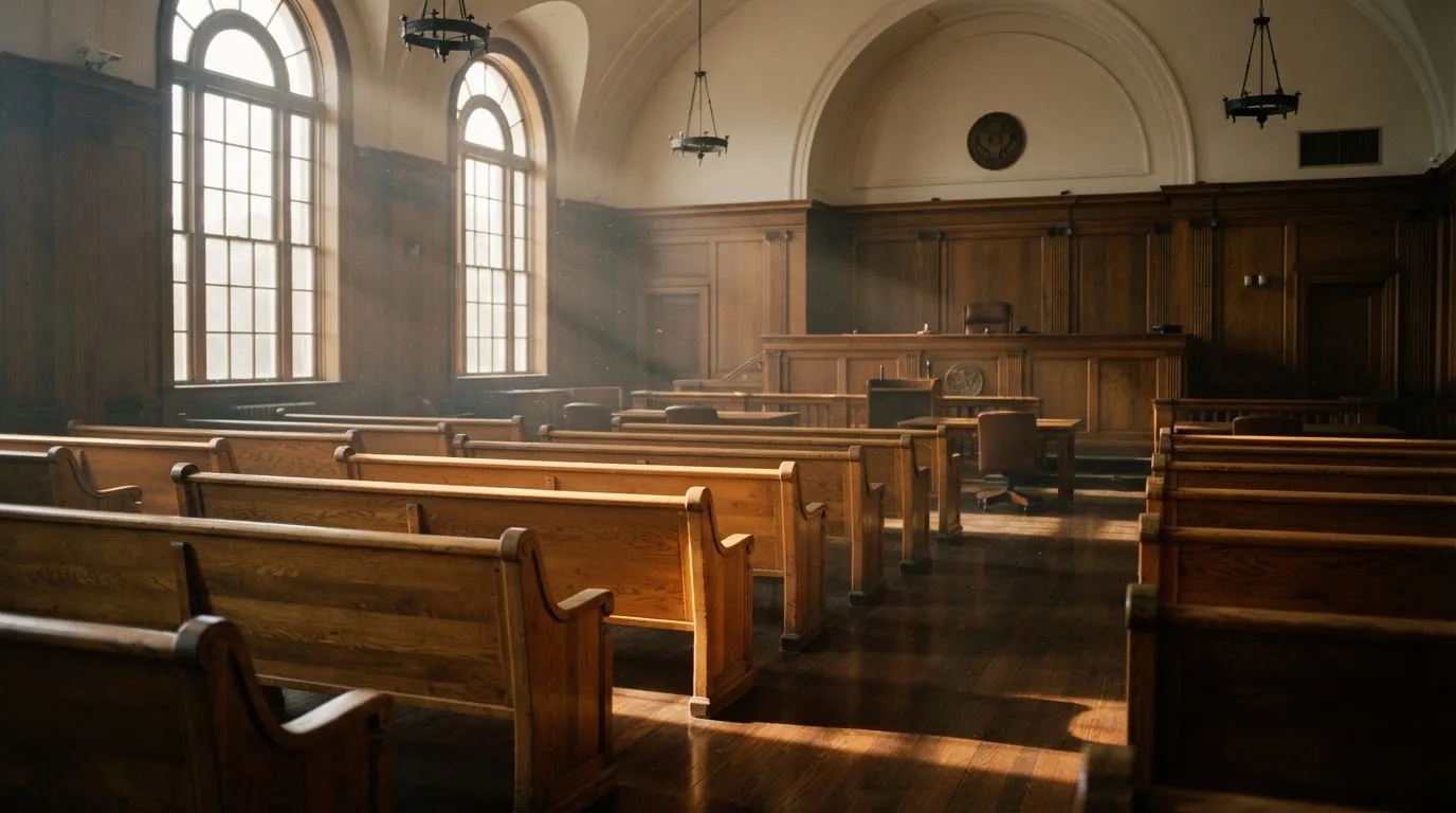 An empty courtroom with wooden benches in morning light