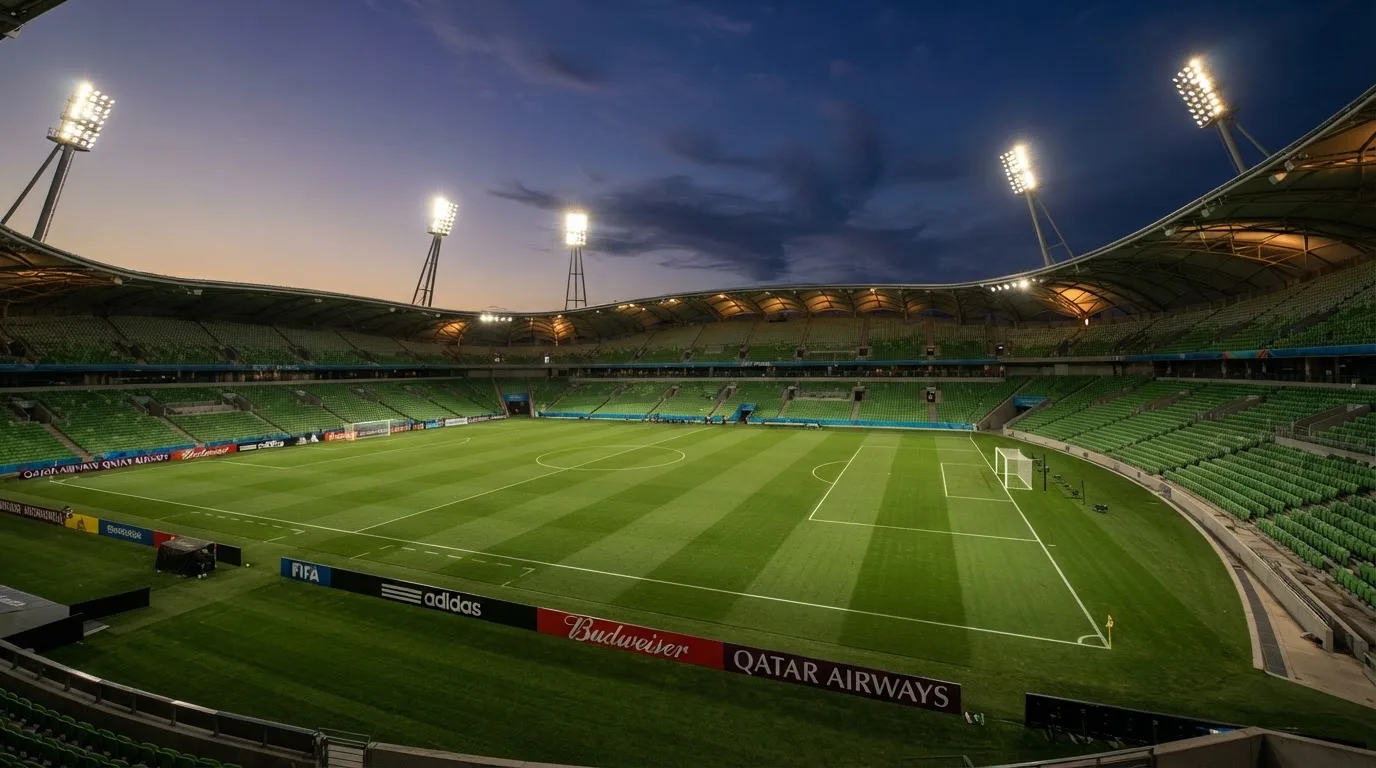 An empty football stadium with floodlight masts at dusk