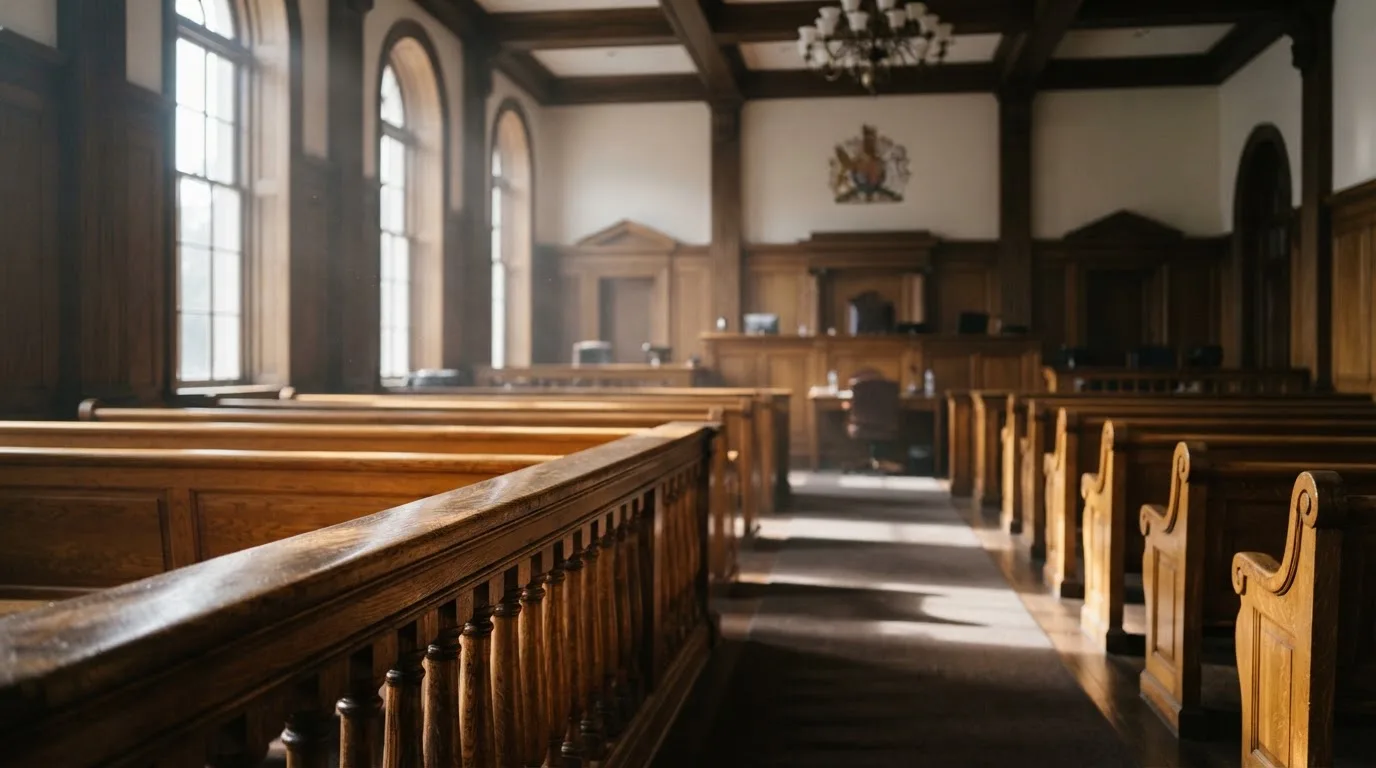 An empty courtroom with wooden benches in morning light