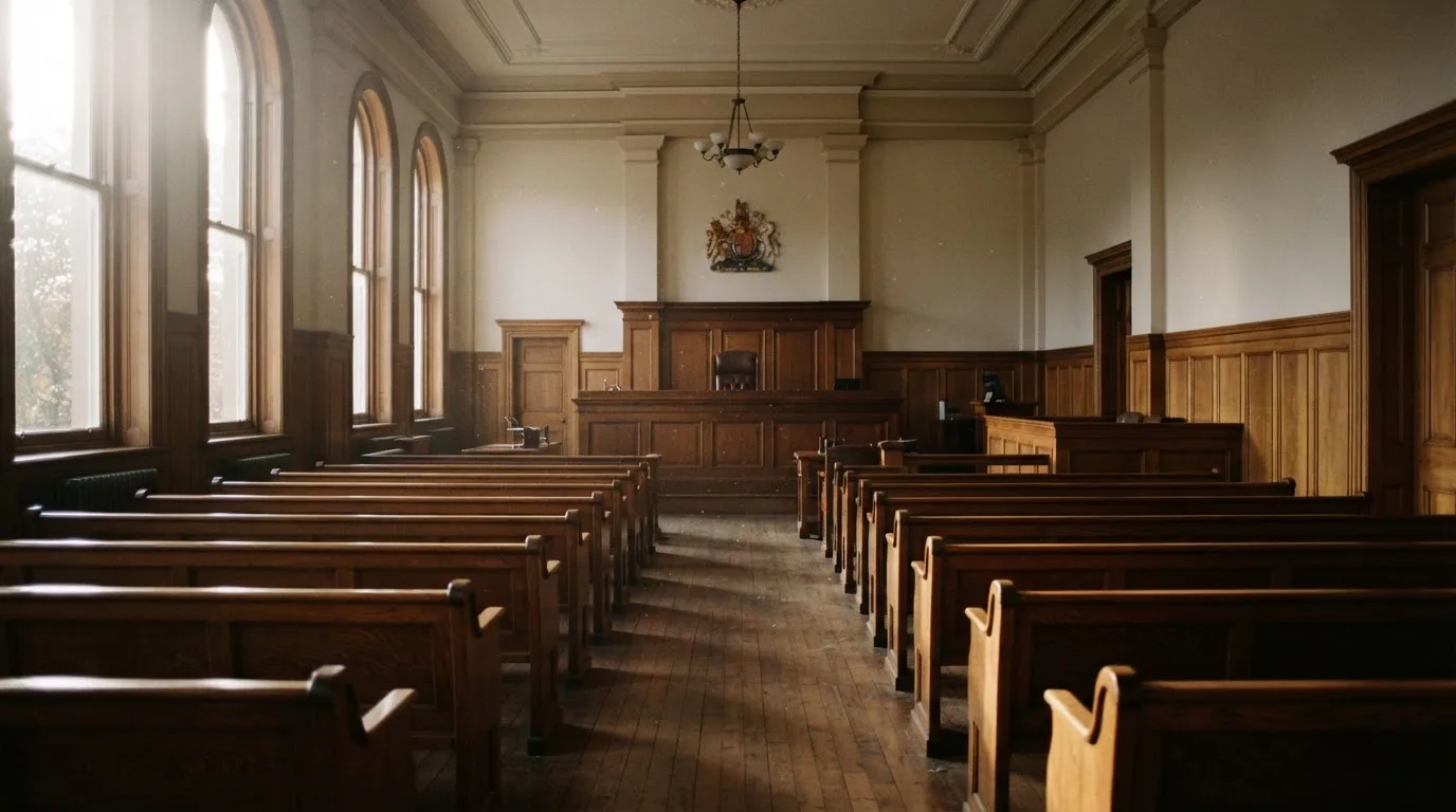 An empty courtroom with wooden benches in morning light