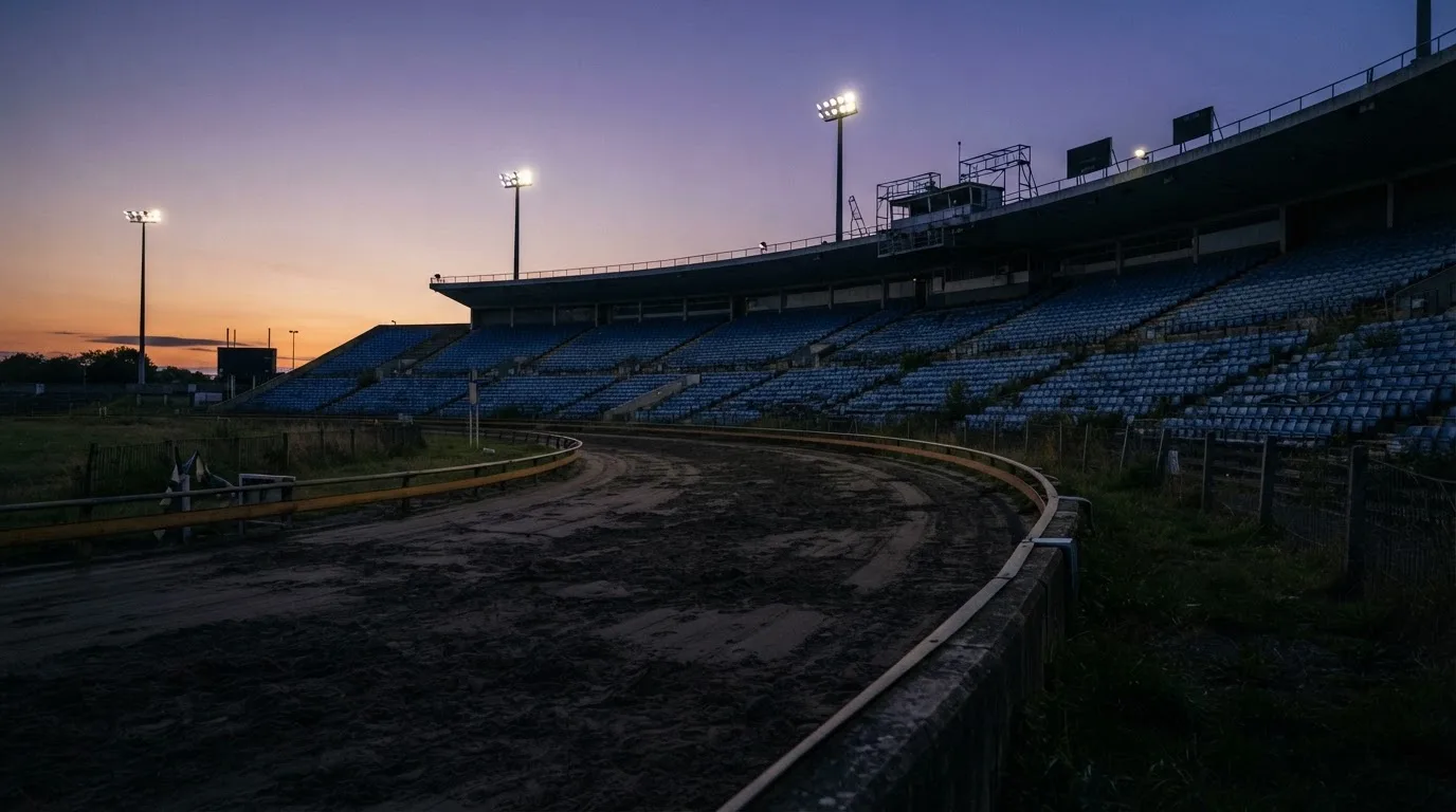 An empty football stadium with floodlight masts at dusk