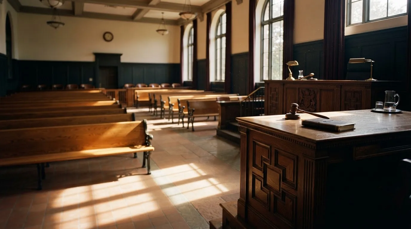 An empty courtroom with wooden benches in morning light