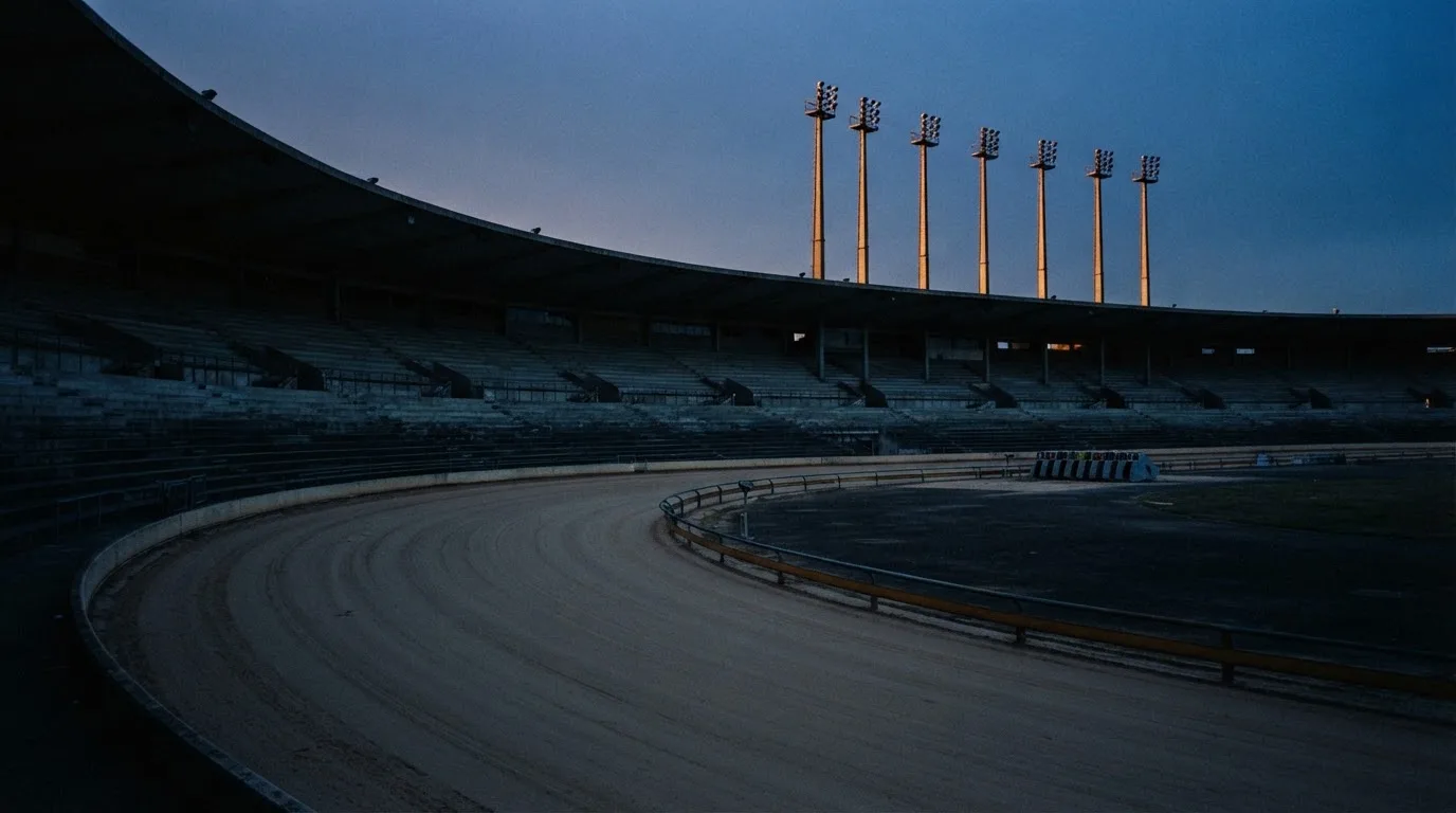 An empty football stadium with floodlight masts at dusk