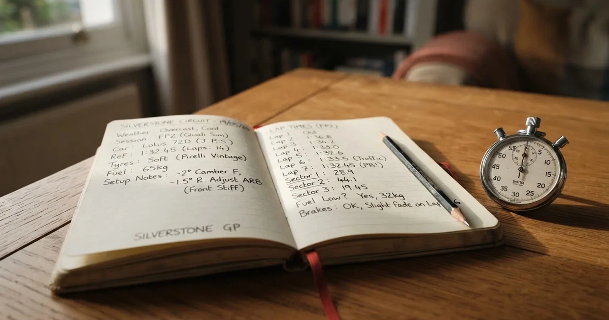 An open notebook with a pencil and a stopwatch on a wooden table