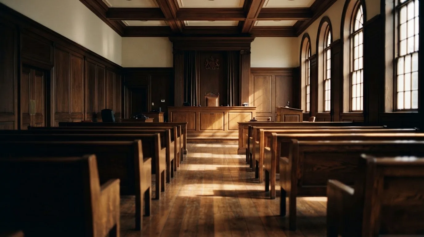 An empty courtroom with wooden benches in morning light