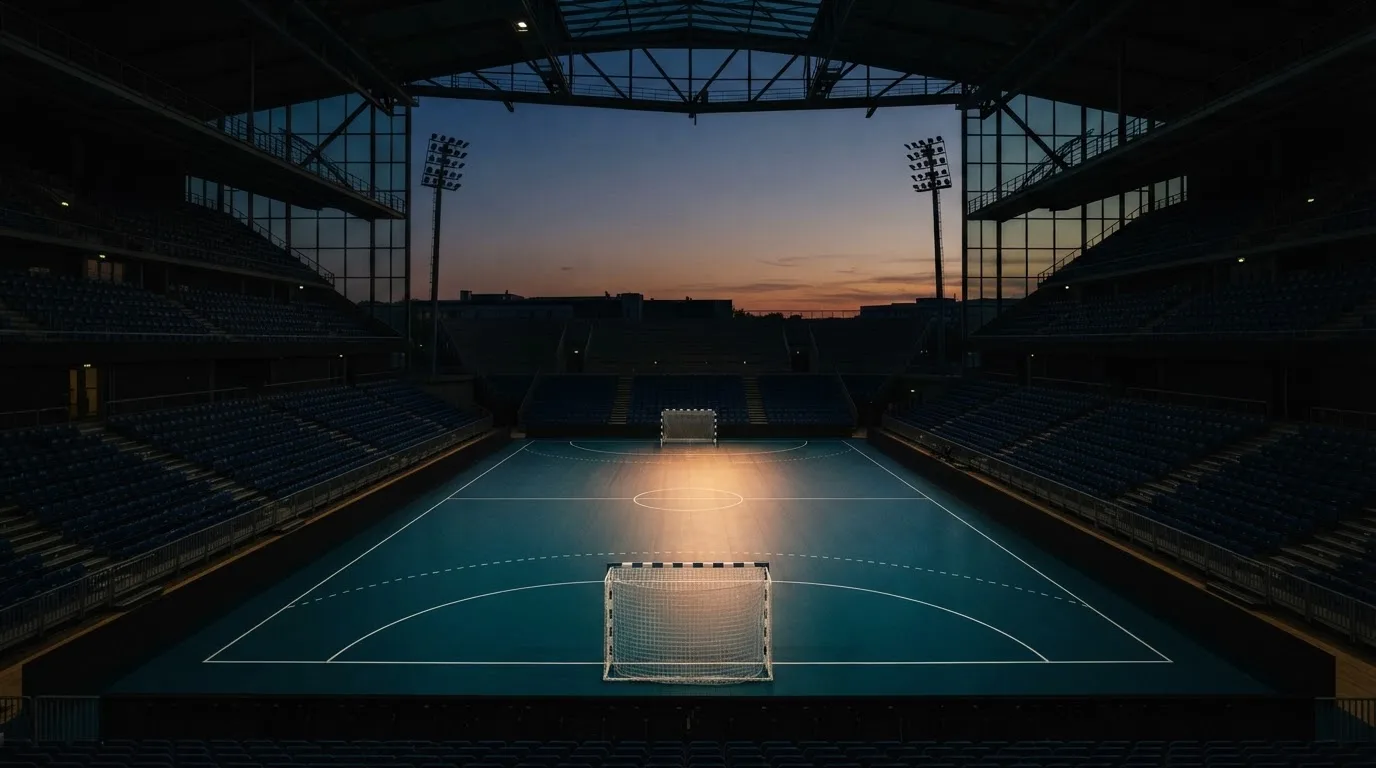 An empty football stadium with floodlight masts at dusk