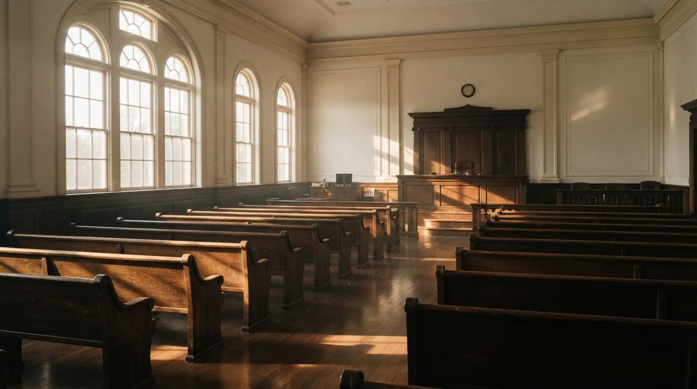 An empty courtroom with wooden benches in morning light