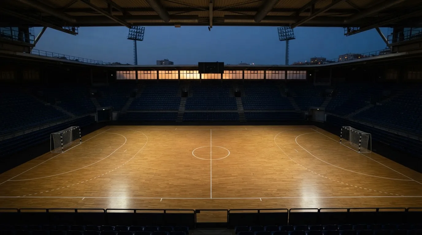 An empty football stadium with floodlight masts at dusk