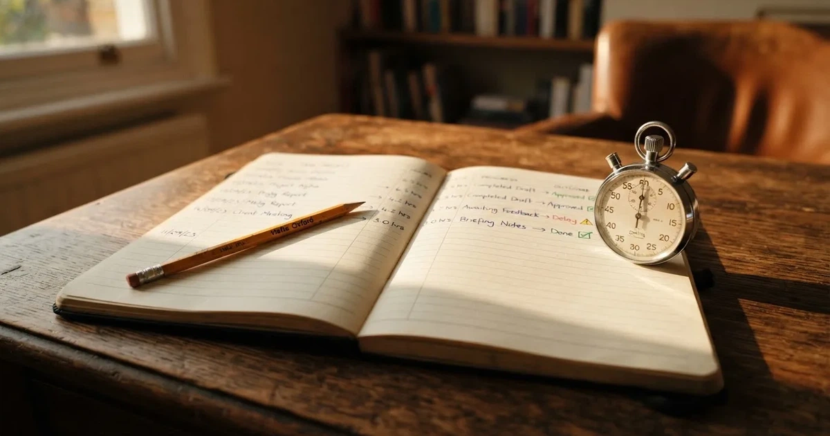 An open notebook with a pencil and a stopwatch on a wooden table