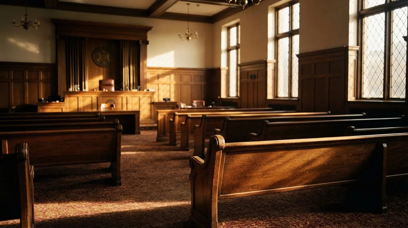 An empty courtroom with wooden benches in morning light