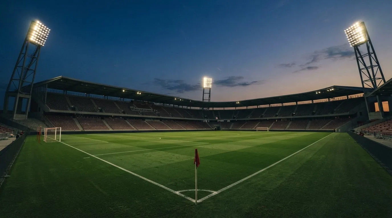 An empty football stadium with floodlight masts at dusk