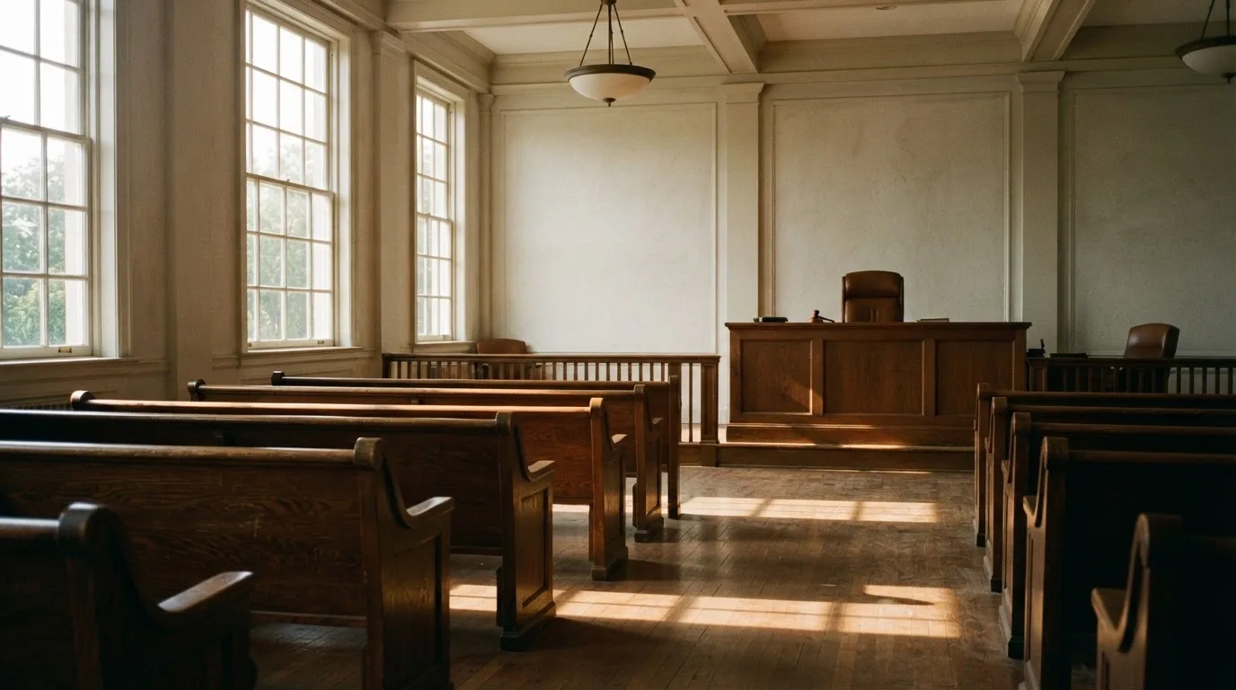 An empty courtroom with wooden benches in morning light