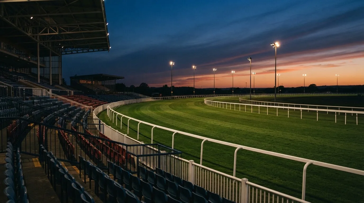 An empty football stadium with floodlight masts at dusk