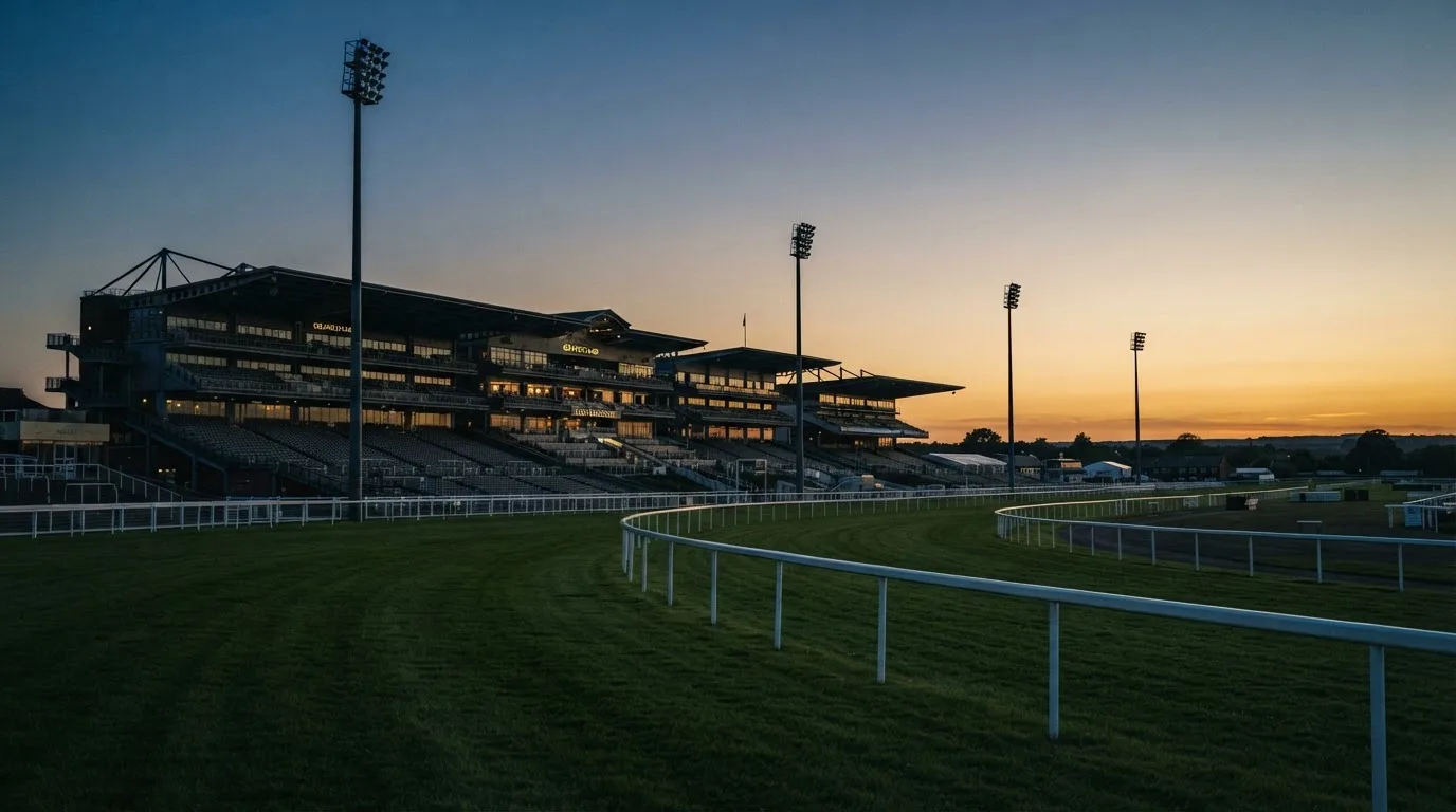 An empty football stadium with floodlight masts at dusk