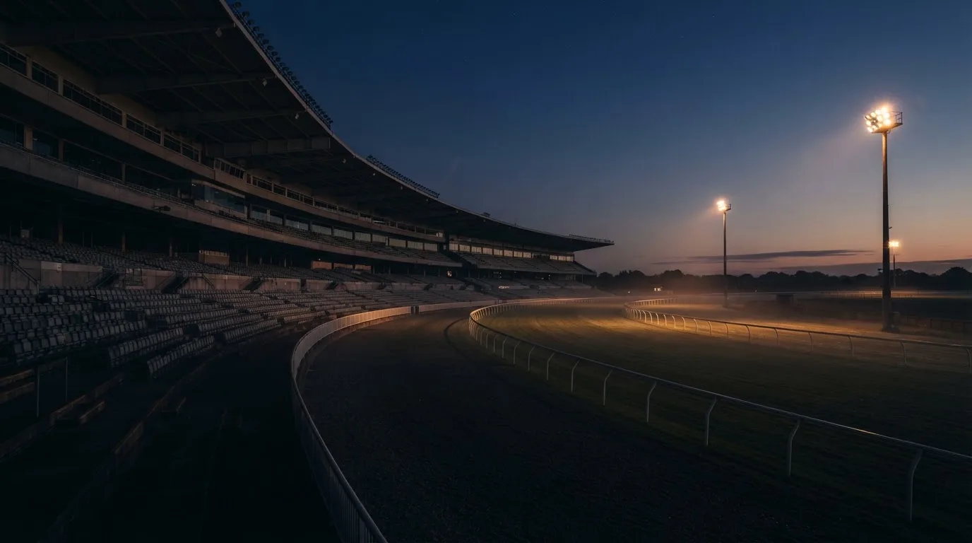 An empty football stadium with floodlight masts at dusk