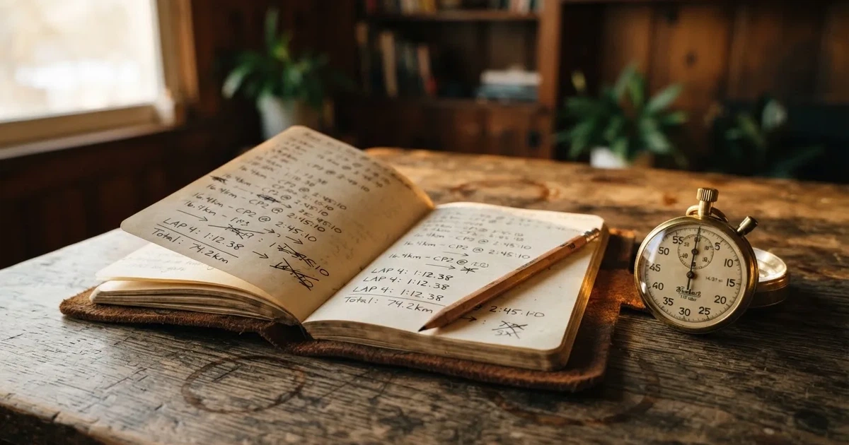 An open notebook with a pencil and a stopwatch on a wooden table