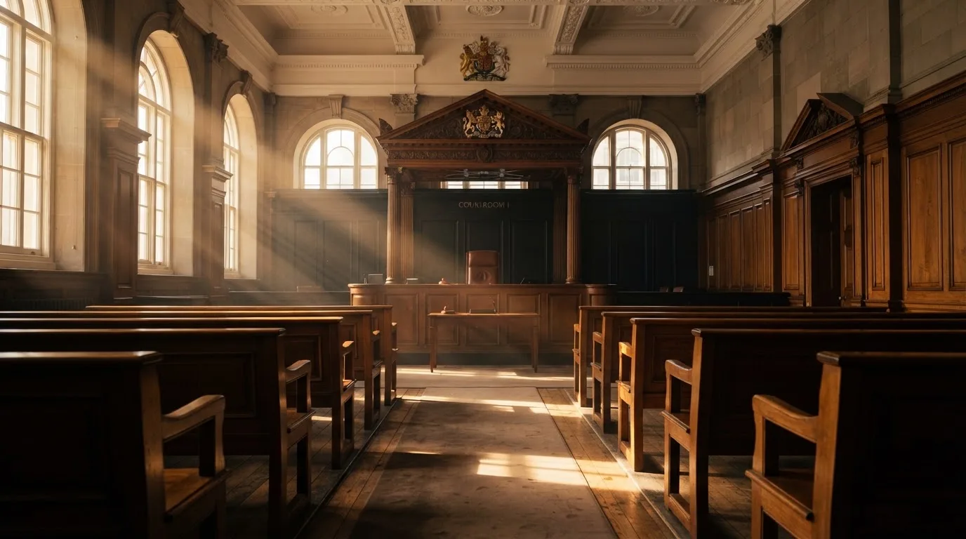 An empty courtroom with wooden benches in morning light
