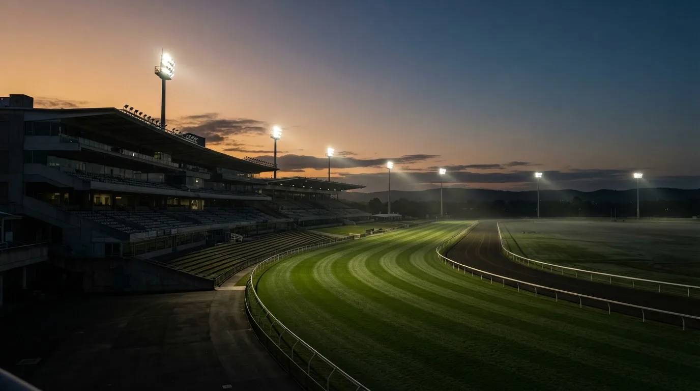 An empty football stadium with floodlight masts at dusk