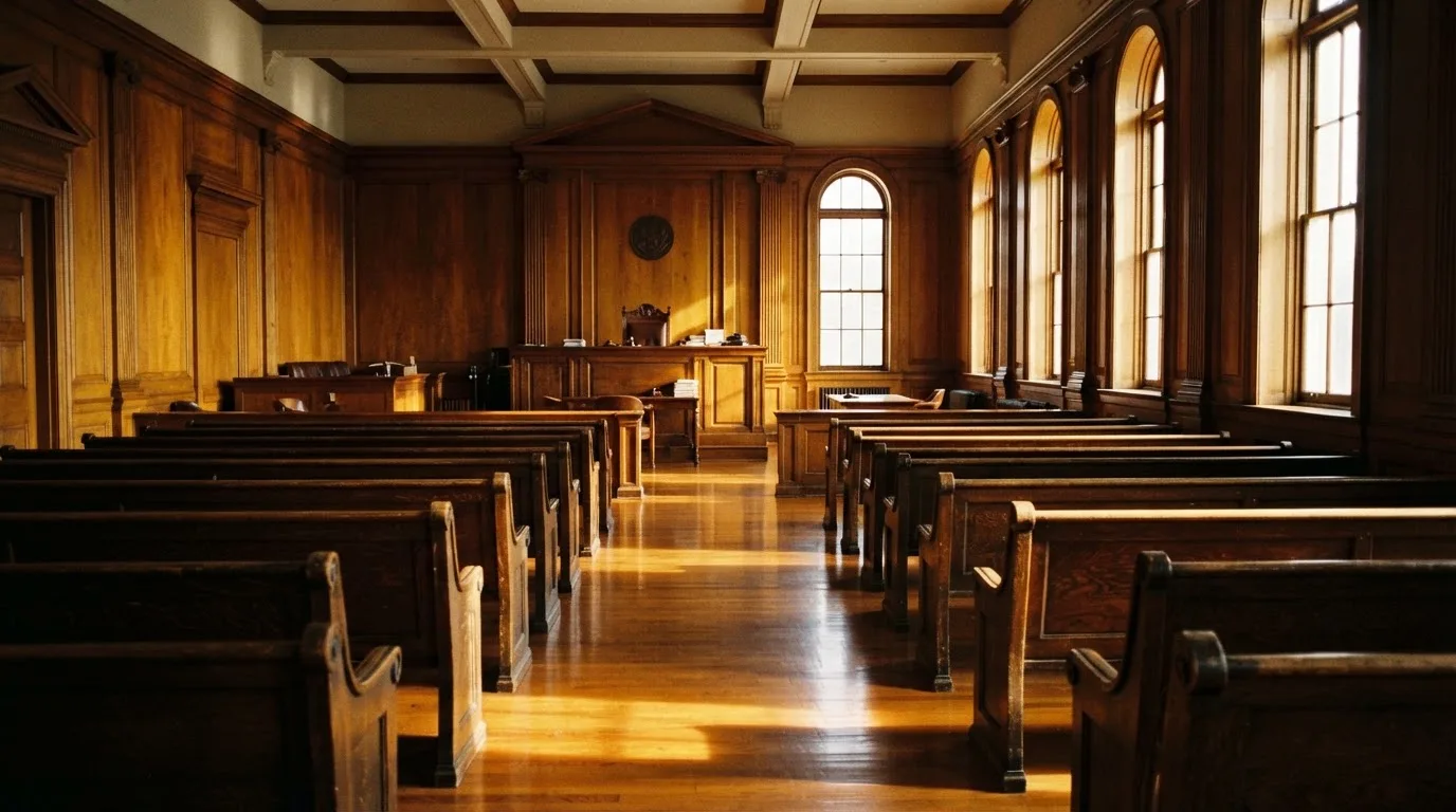 An empty courtroom with wooden benches in morning light
