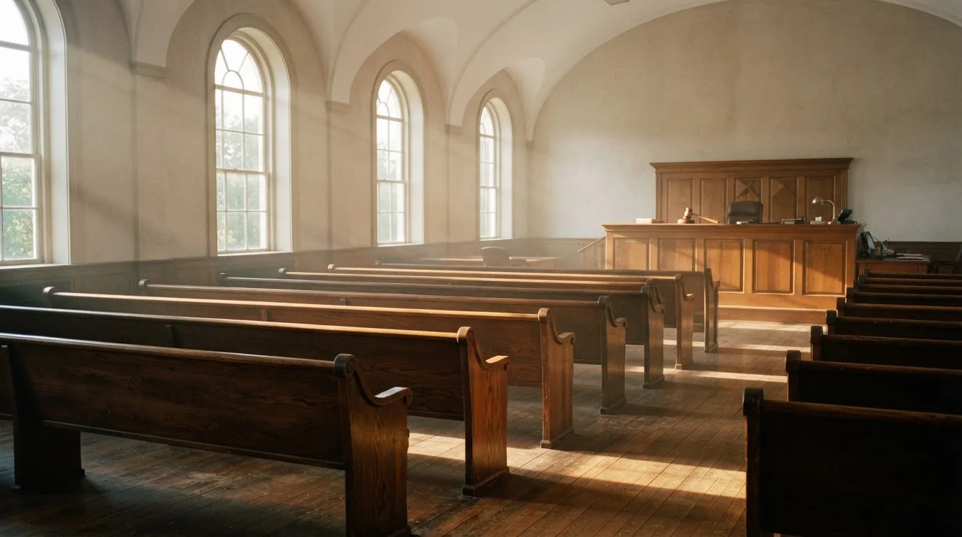 An empty courtroom with wooden benches in morning light
