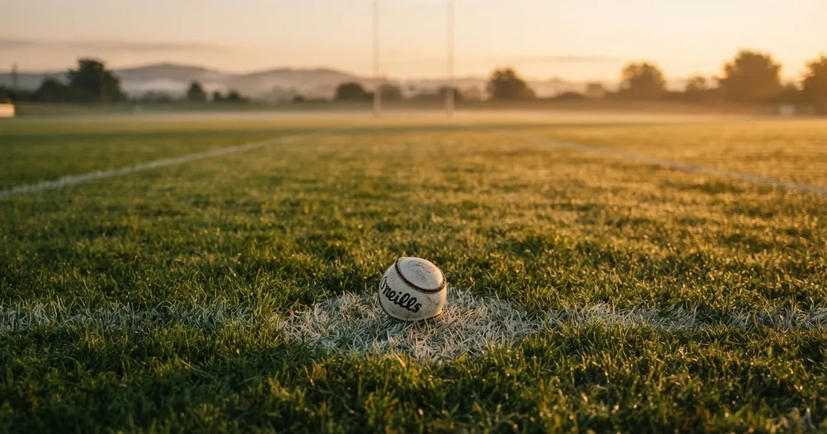 A ball on the centre spot of a grass pitch in morning light