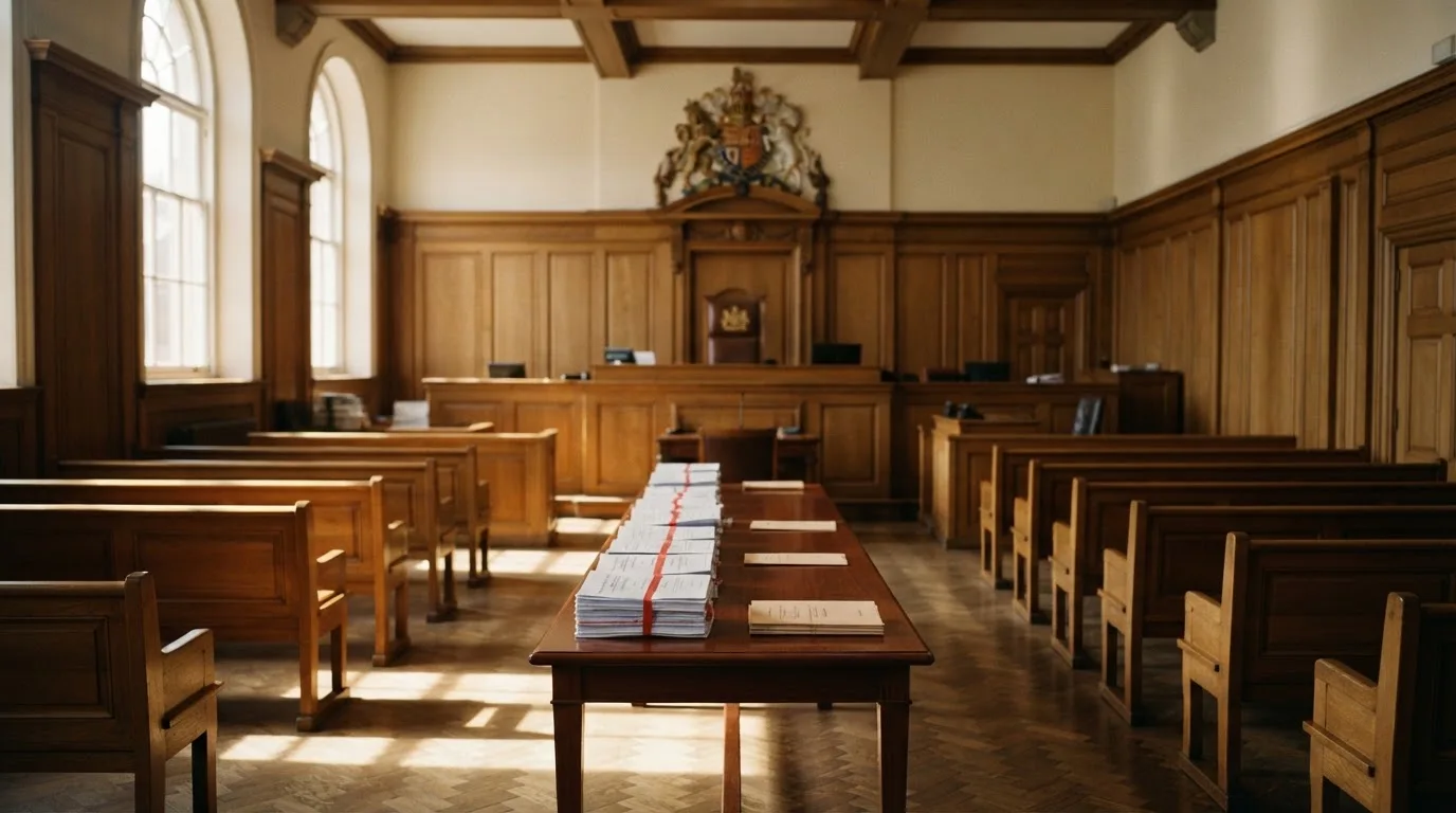 An empty courtroom with wooden benches in morning light