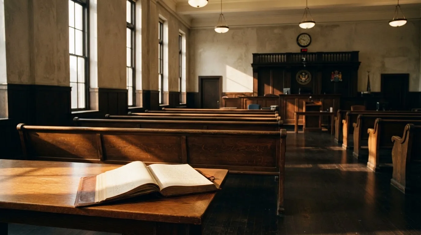 An empty courtroom with wooden benches in morning light