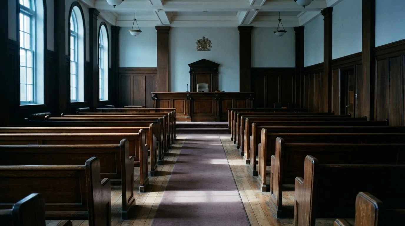 An empty courtroom with wooden benches in morning light